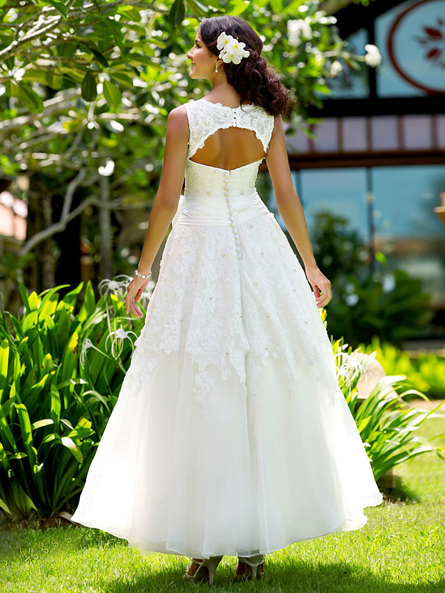 A-line Straps Bateau Neck Tea-length Tulle Wedding Dress With Lace 2
