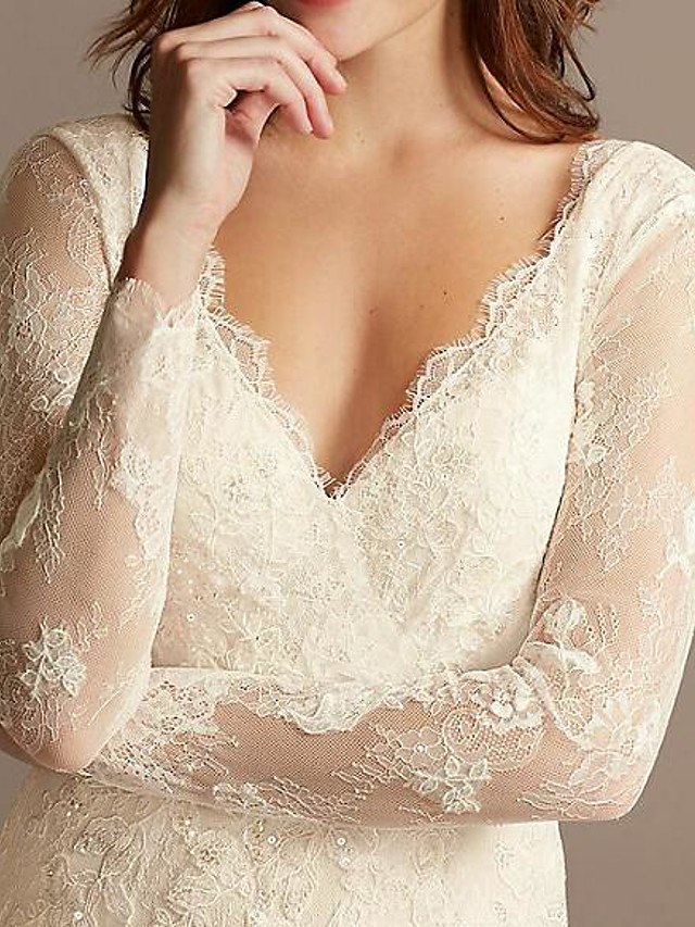 A-line V-neck Long Sleeves Floor-length Tulle Wedding Gown With Lace 3