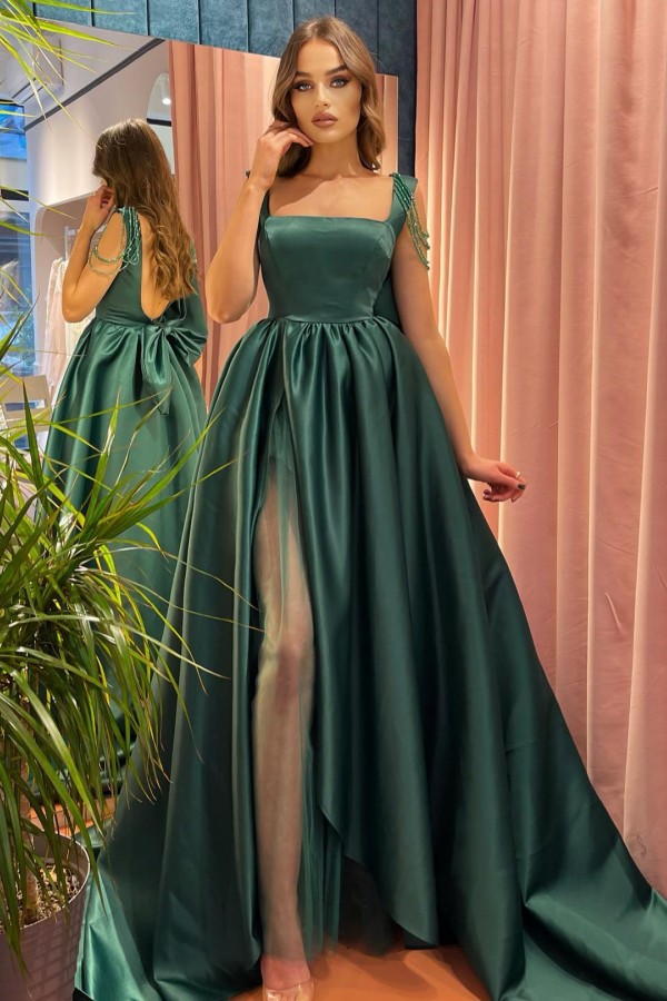 A-line Square Neck Sleeveless Floor-length Satin Homecoming Gown With Split Front 2
