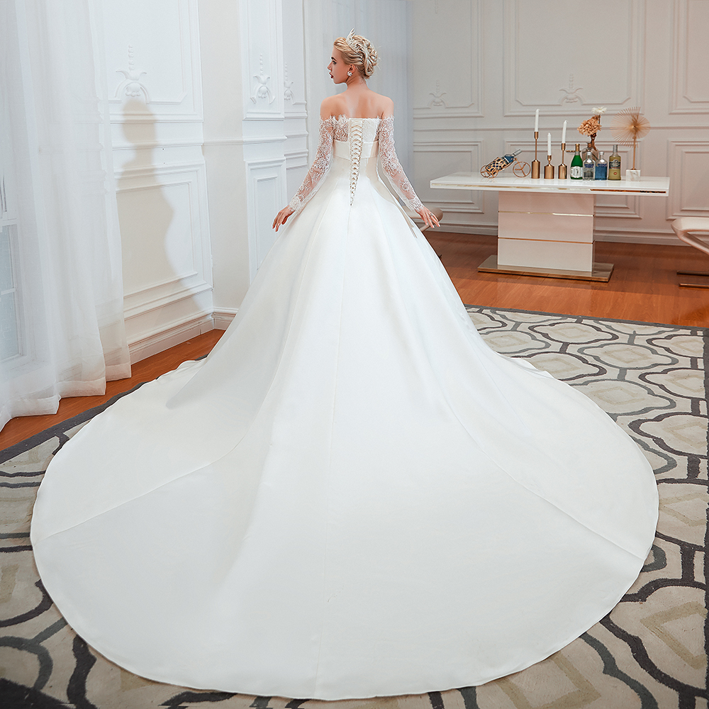 Bateau Neck Long Sleeves Cathedral Train Satin Wedding Gown With Lace 12