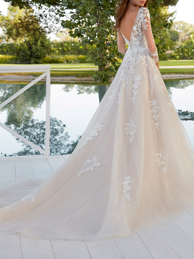 A-line V-neck Long Sleeves Sweep / Brush Train Lace Bridal Gown With Lace 2