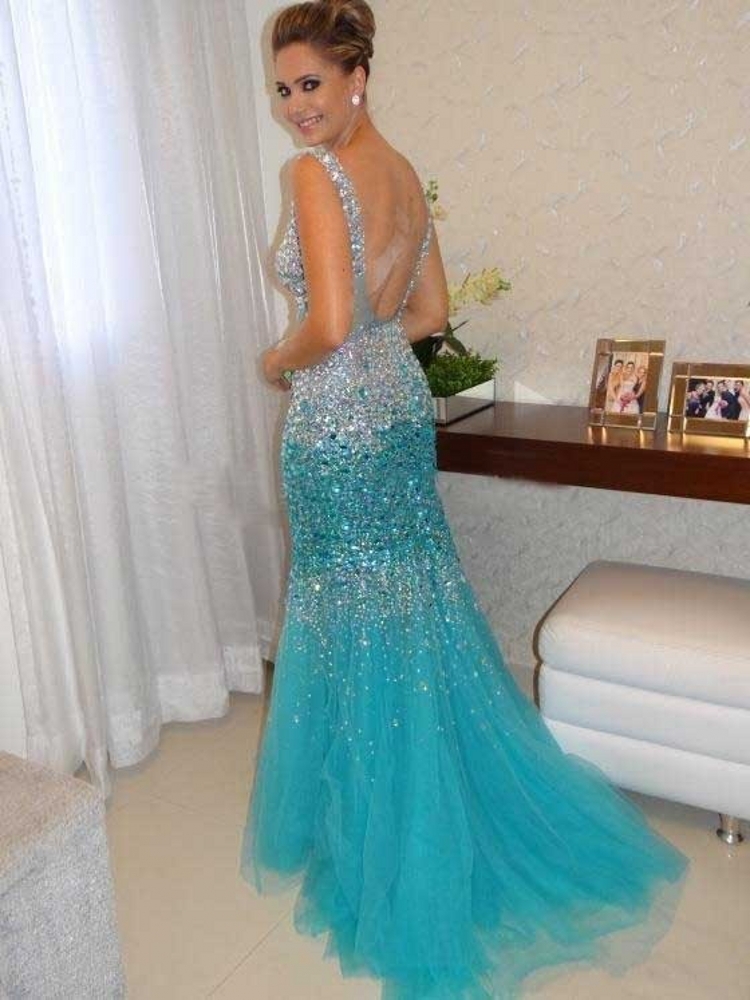 Mermaid Sleeveless Sweep / Brush Train Tulle Evening Dress With Crystal 2