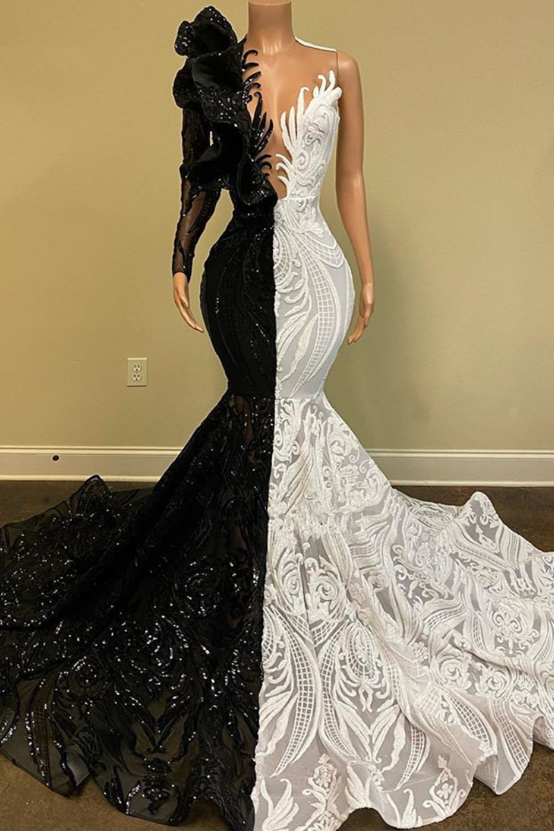 Mermaid One Shoulder V-neck Long Sleeves Floor-length Organza Evening Dress With Pattern 1