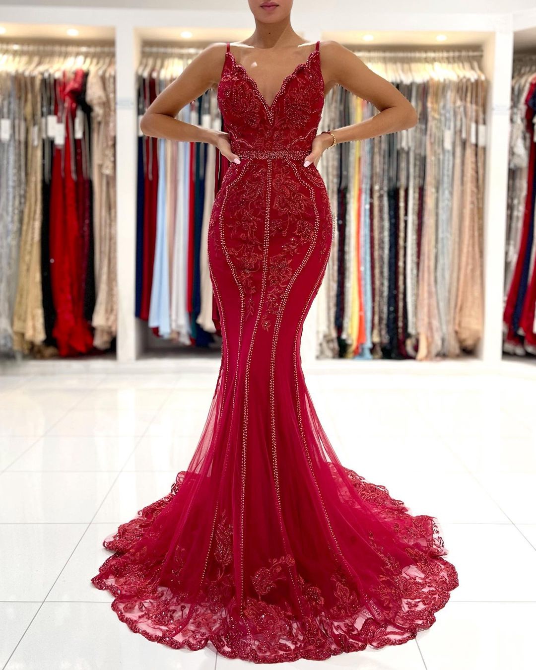 Mermaid Spaghetti Straps Sleeveless Floor-length Lace Formal Dress With Ruffles 3