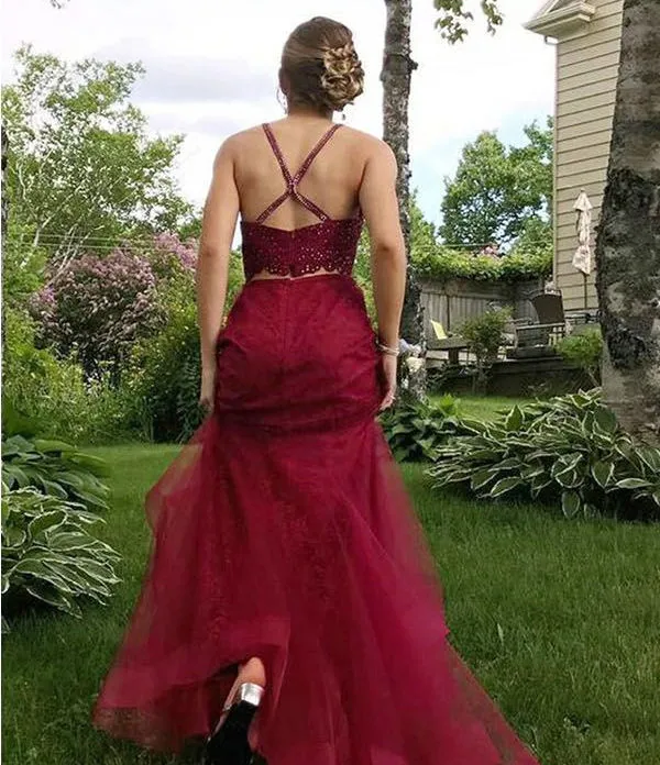 Two Piece Beaded Halter Mermaid Tulle Evening Dress 2