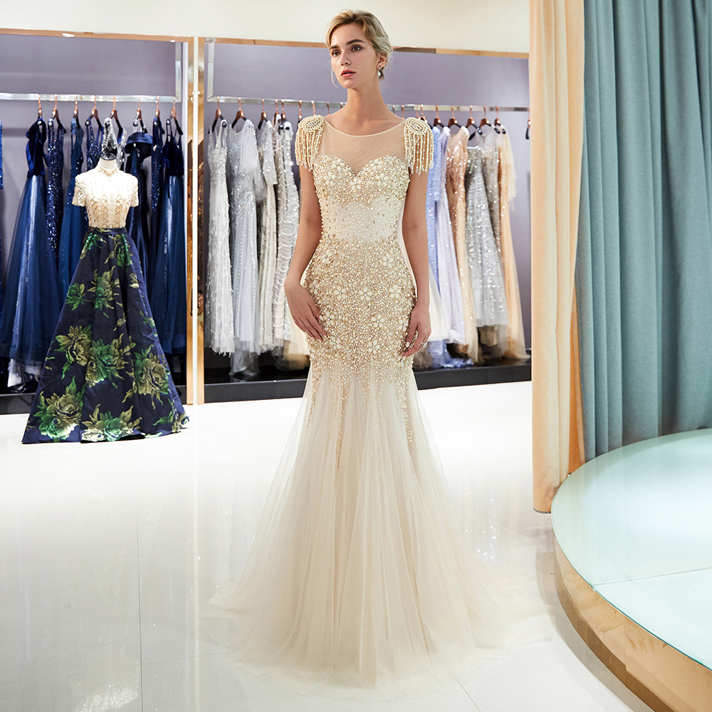 Mermaid Jewel Neck Sleeveless Sweep / Brush Train Tulle Evening Dress With Crystal Floral Pin 17