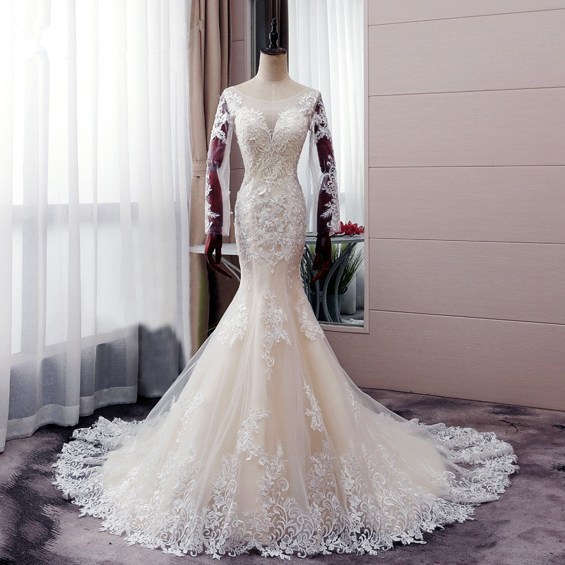 Mermaid Jewel Neck Long Sleeves Floor-length Tulle Bridal Attire With Appliques 6