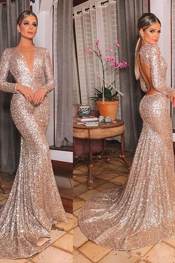 Mermaid V-neck Long Sleeves Sweep / Brush Train Formal Wear With Sequins 3