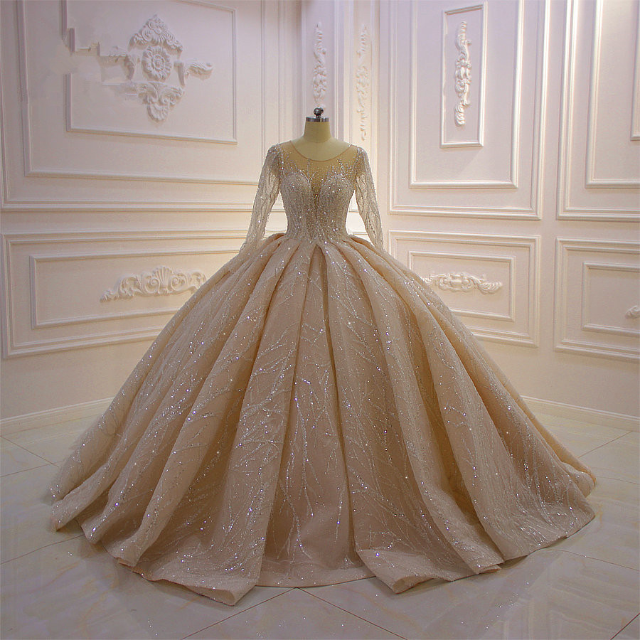 Ball Gown Jewel Neck Long Sleeves Floor-length Tulle Bridal Dress With Beading 10