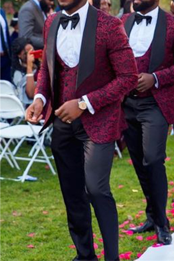 Red Jacquard Three-Piece Wedding Suit 1