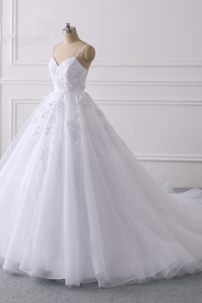 A-line Spaghetti Straps V-neck Sleeveless Floor-length Tulle Wedding Dress With Lace 3