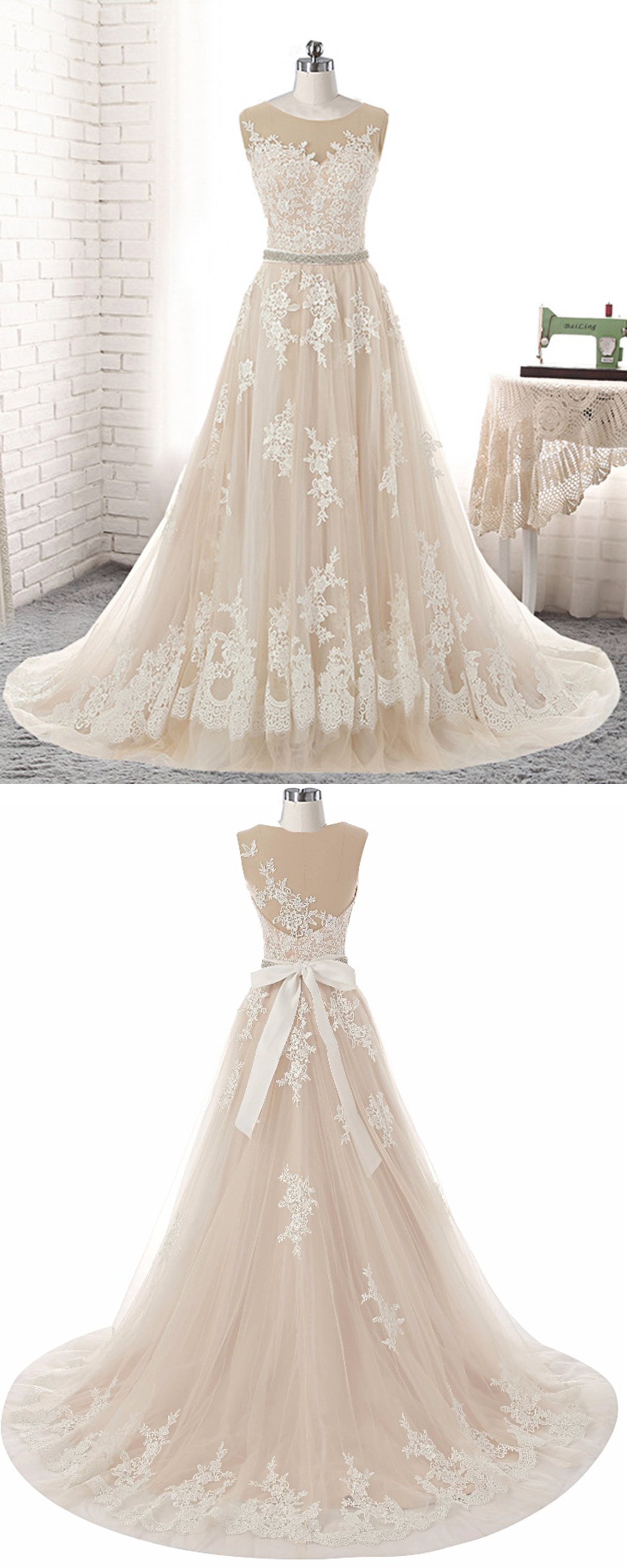 A-line Jewel Neck Sleeveless Floor-length Tulle Wedding Gown With Lace 5
