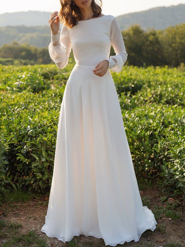 A-line Bateau Neck Long Sleeves Court Train 100D Chiffon Bridal Gown With Lace 4