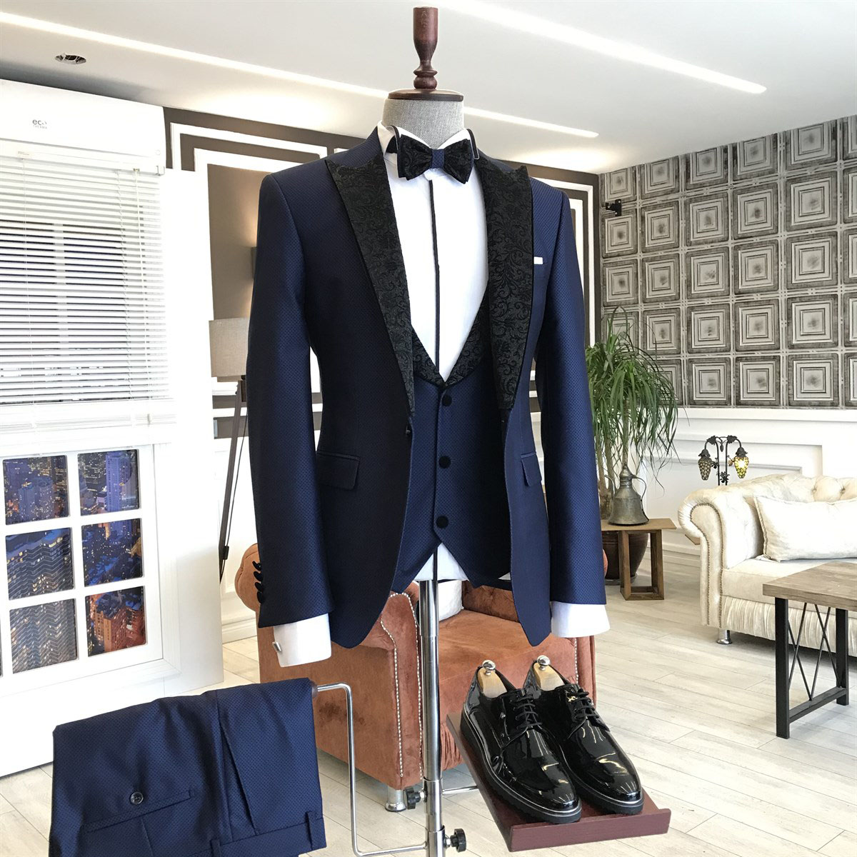 Navy Blue Jacquard Lapel Business Suit 2