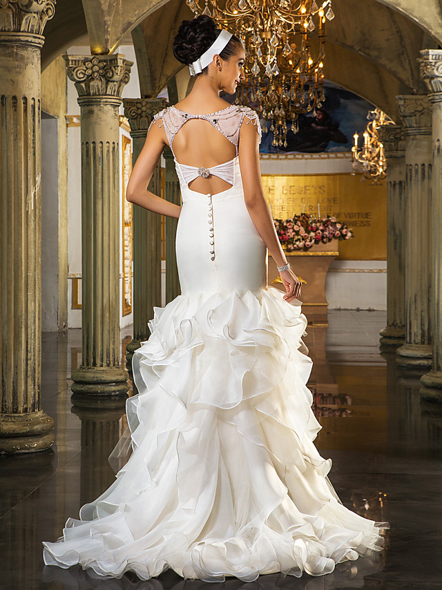 Mermaid Sweetheart Neck Cap Sleeves Sweep / Brush Train Organza Bridal Dress With Buttons 4