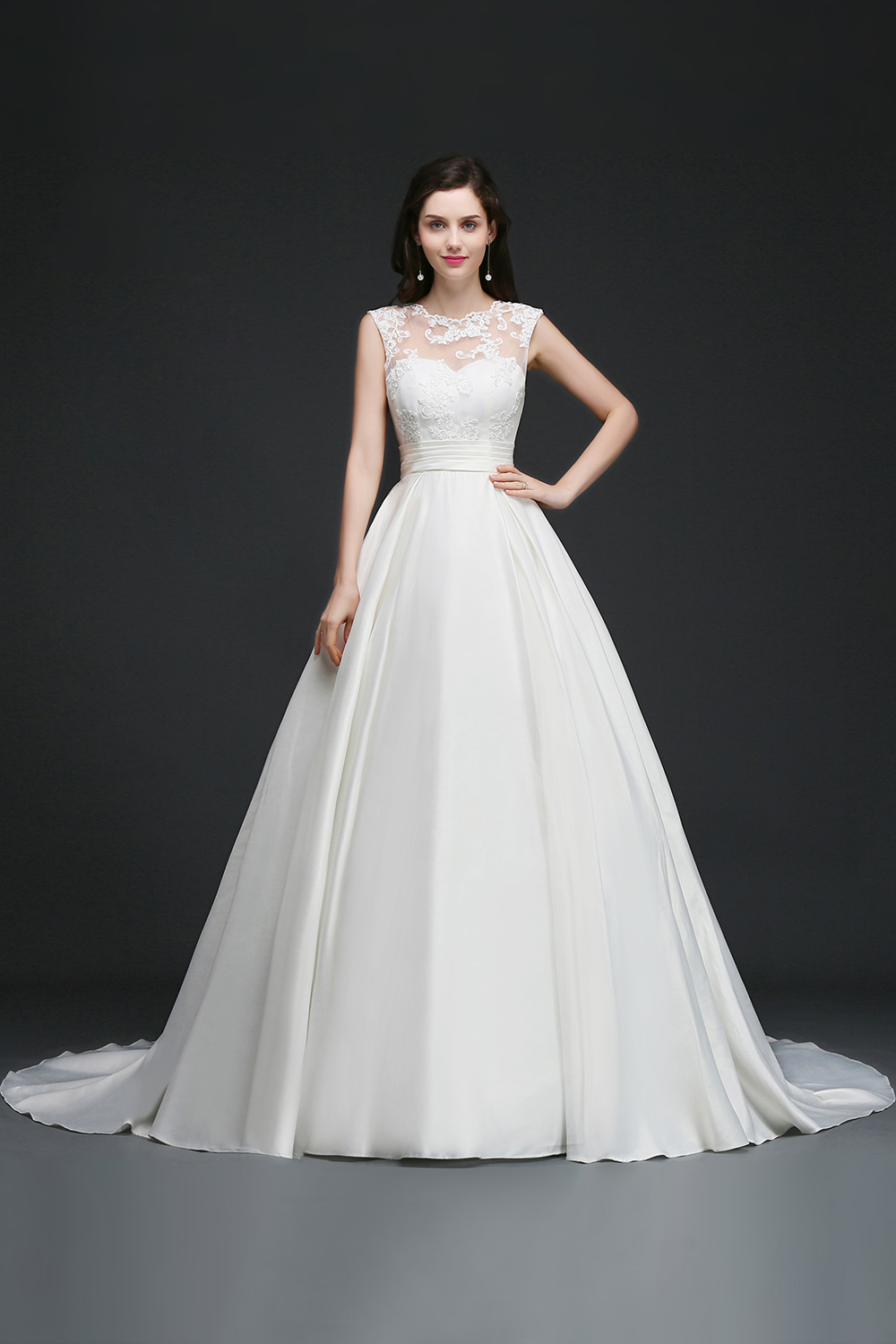 A-line Jewel Neck Sleeveless Court Train Satin Bridal Dress With Lace 3