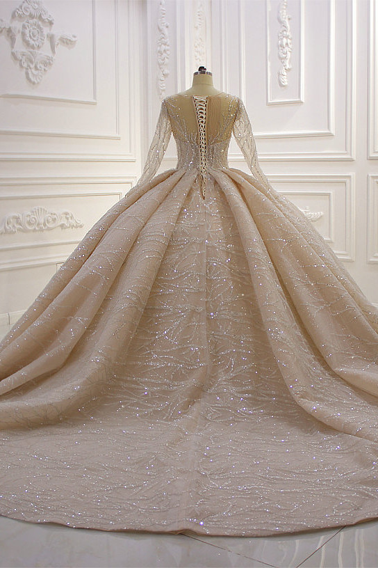 Ball Gown Jewel Neck Long Sleeves Floor-length Tulle Bridal Dress With Beading 4