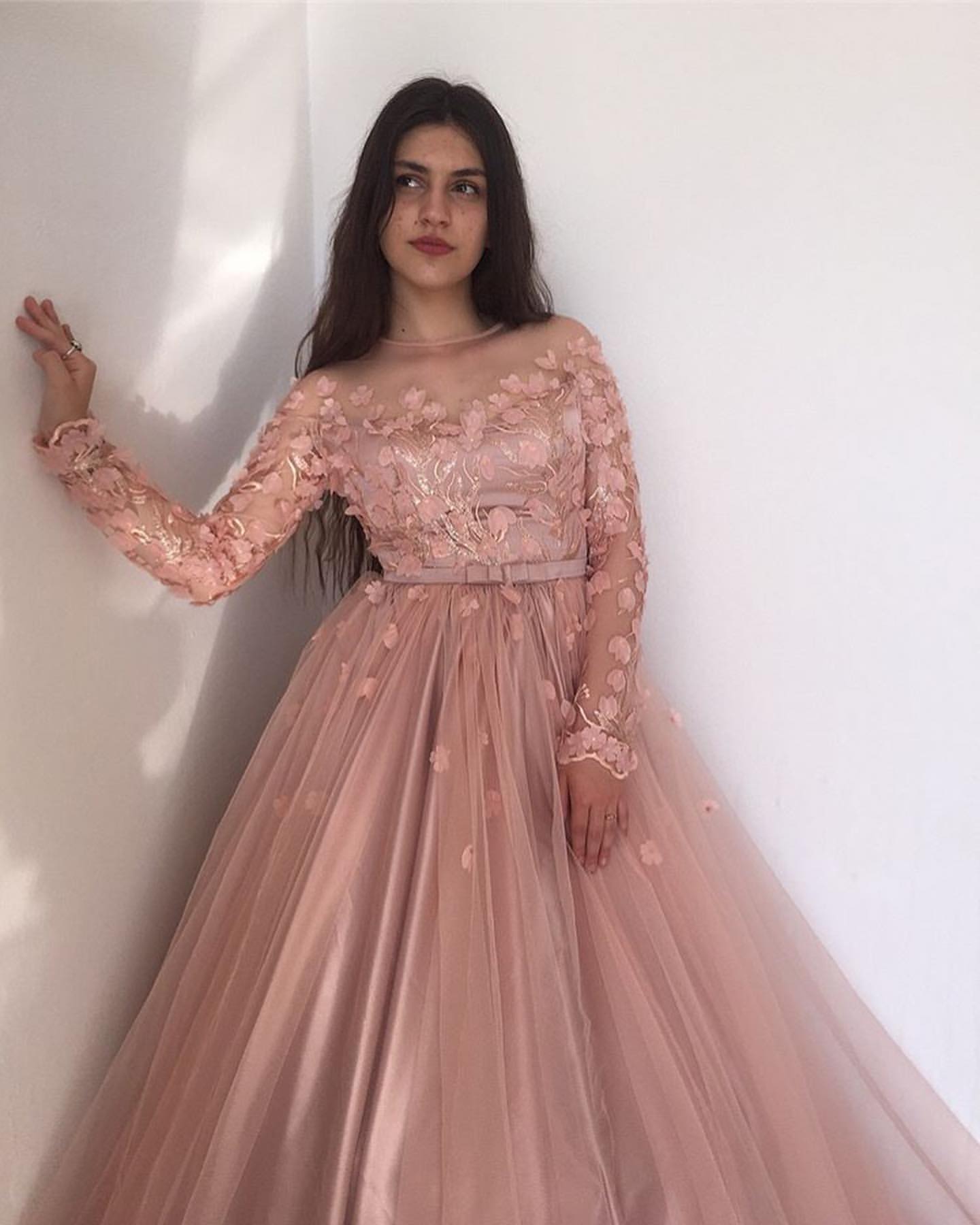 Column Bateau Neck Long Sleeves Sweep / Brush Train Tulle Cocktail Party Dress With Lace 3