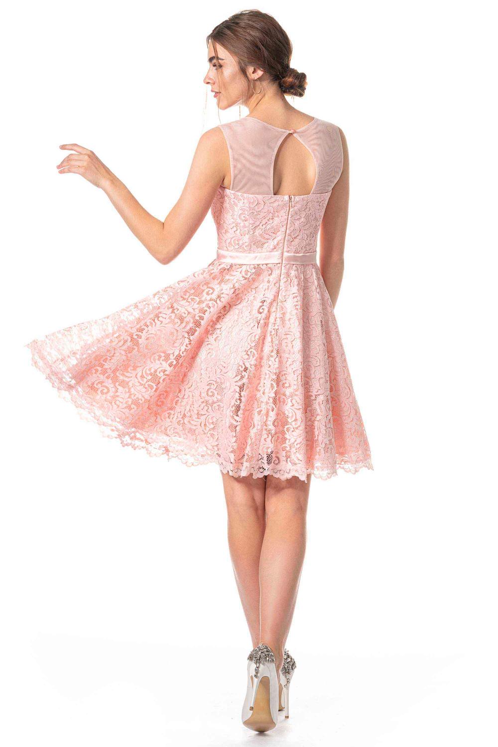 A-line Jewel Neck Sleeveless Knee-length Lace Party Dress With Ribbons 4