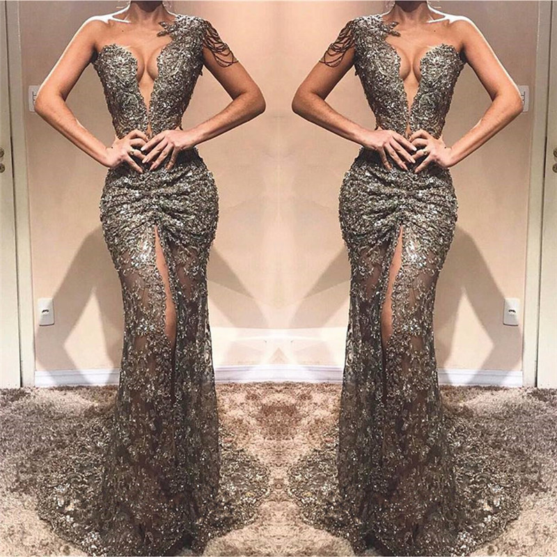 Column One Shoulder Sleeveless Sweep / Brush Train Lace Evening Dress With Appliques 2