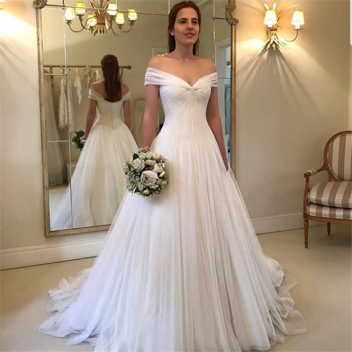 A-line Off-the-shoulder Sleeveless Tulle Wedding Gown With Court Train 2