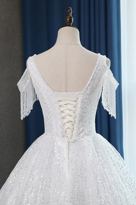 Ball Gown V-neck Short Sleeves Floor-length Tulle Bridal Dress With Sequins 4