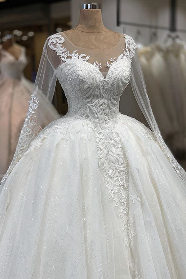 Ball Gown Sweetheart Neck Jewel Neck Long Sleeves Floor-length Tulle Wedding Gown With Appliques 3