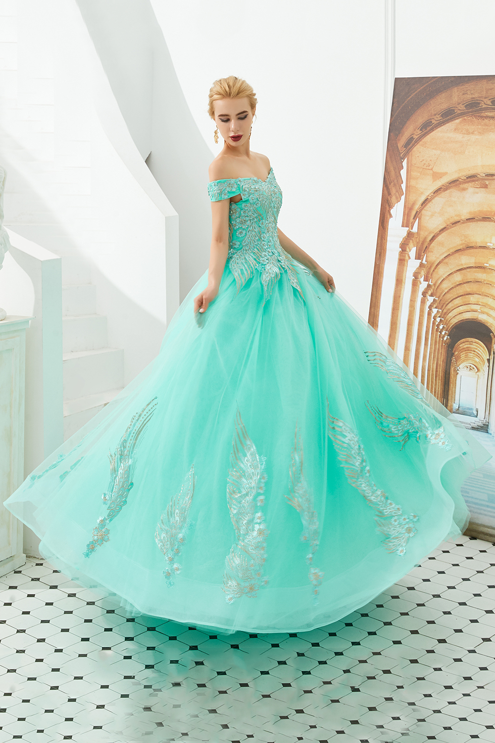 Ball Gown Off-the-shoulder Cap Sleeves Sweep / Brush Train Tulle Formal Dress With Beading 13