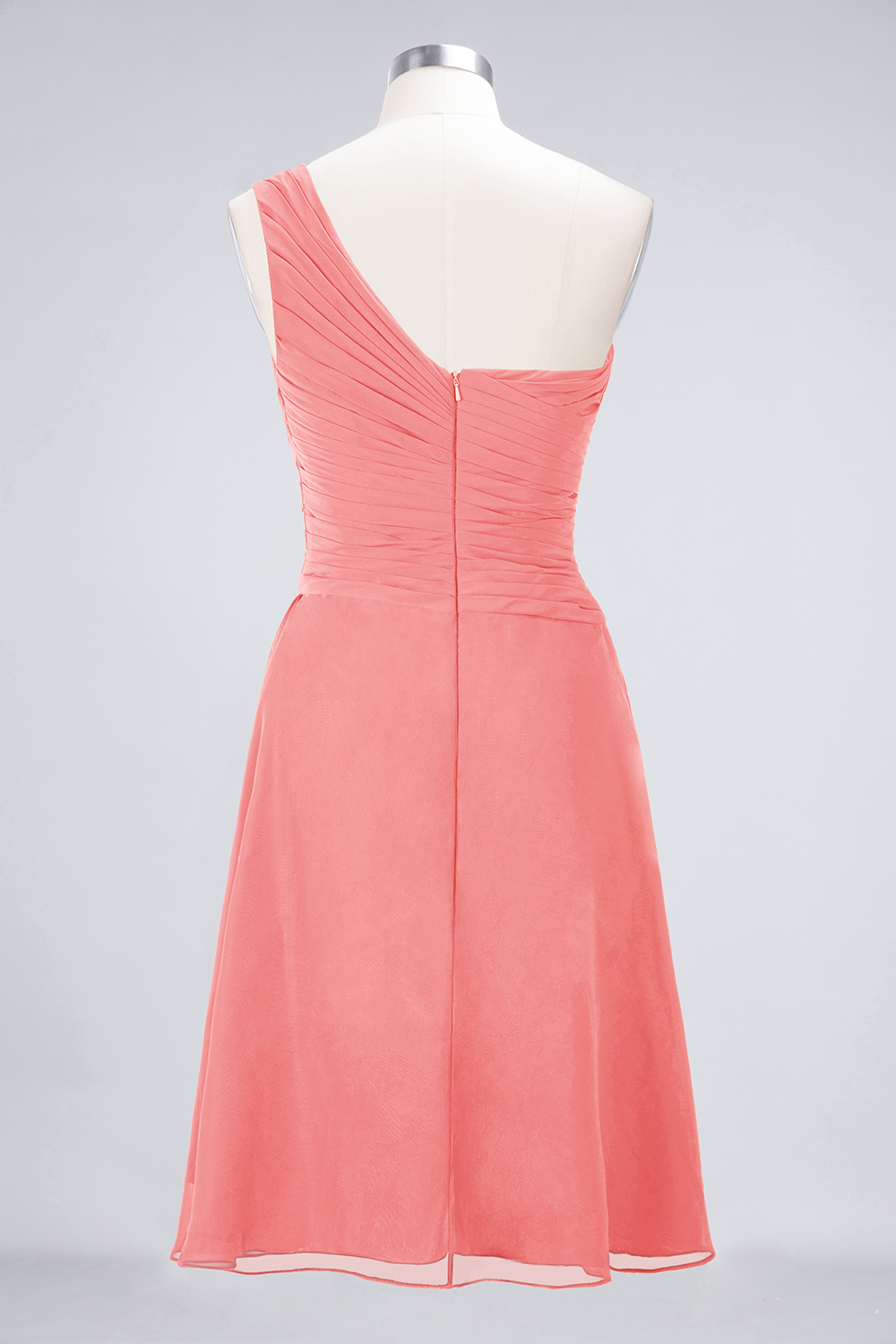 A-line One Shoulder Sweetheart Neck Sleeveless Knee-length 100D Chiffon Bridesmaid Attire With Ruffles 16