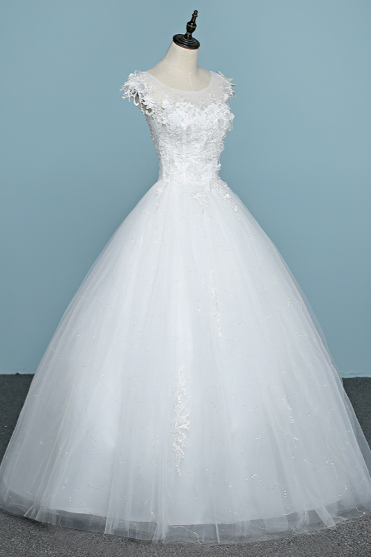 A-line Jewel Neck Sleeveless Floor-length Tulle Wedding Gown With Appliques 3