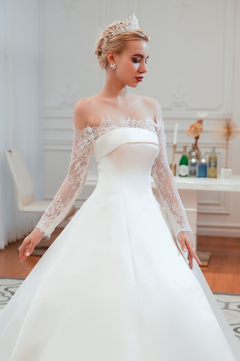 Bateau Neck Long Sleeves Cathedral Train Satin Wedding Gown With Lace 20