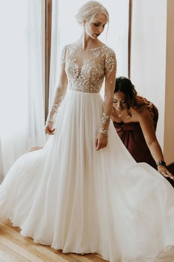 A-line Jewel Neck Long Sleeves Court Train 100D Chiffon Wedding Dress With Lace 1