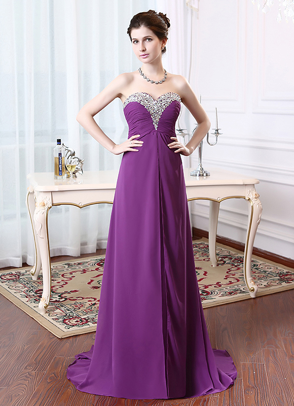 A-line Sweetheart Neck Sleeveless Floor-length 100D Chiffon Evening Gown With Beading 3