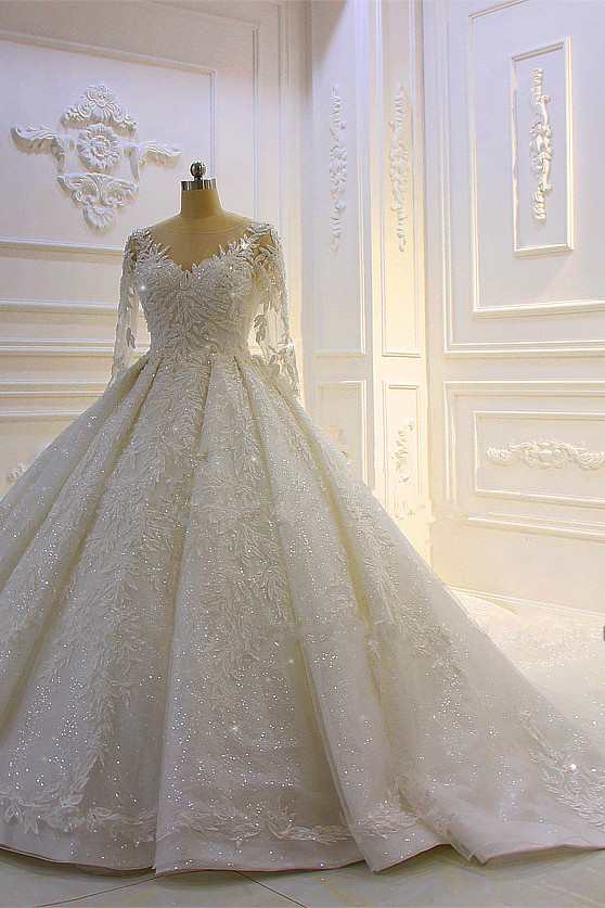 Ball Gown Jewel Neck Long Sleeves Floor-length Tulle Bridal Dress With Appliques 2