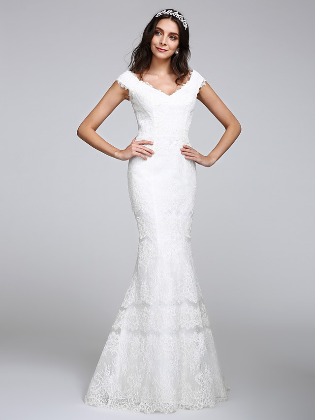 Mermaid V-neck Cap Sleeves Floor-length Tulle Bridal Attire With Lace 3