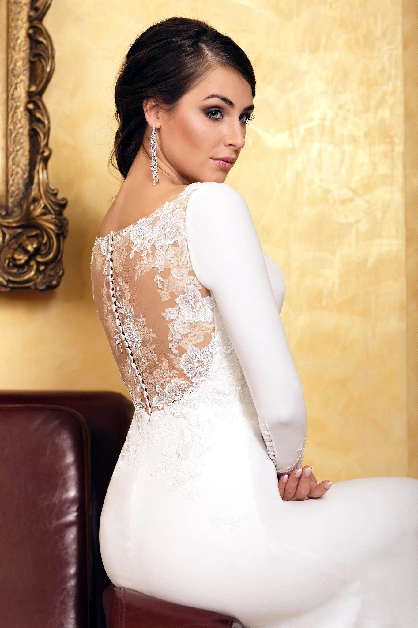 Mermaid Jewel Neck Long Sleeves Sweep / Brush Train Stretch Satin Bridal Gown With Lace 2