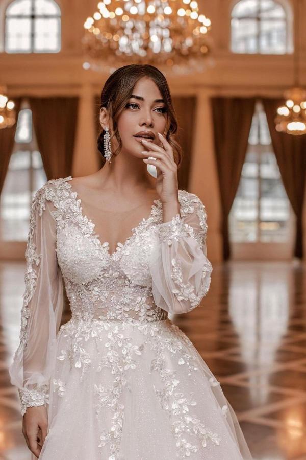 Elowen Shimmering Tulle A-Line Gown with Bishop Sleeves 3