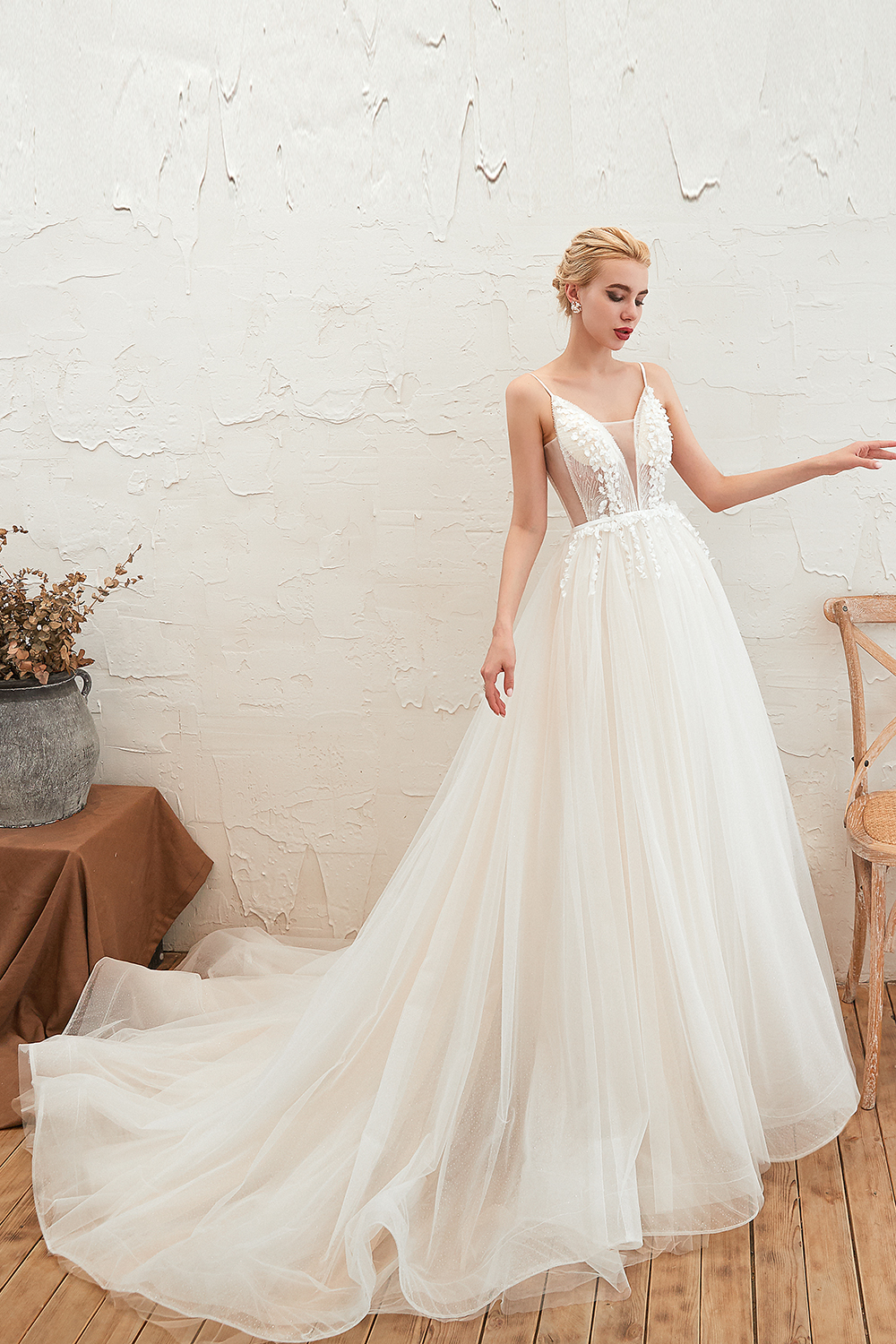 A-line Plunging Neckline Sleeveless Cathedral Train Tulle Wedding Gown With Flower(s) 22