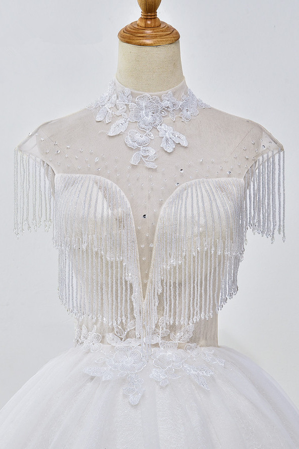 Mermaid High Neck Sleeveless Floor-length Tulle Wedding Dress With Beading 5