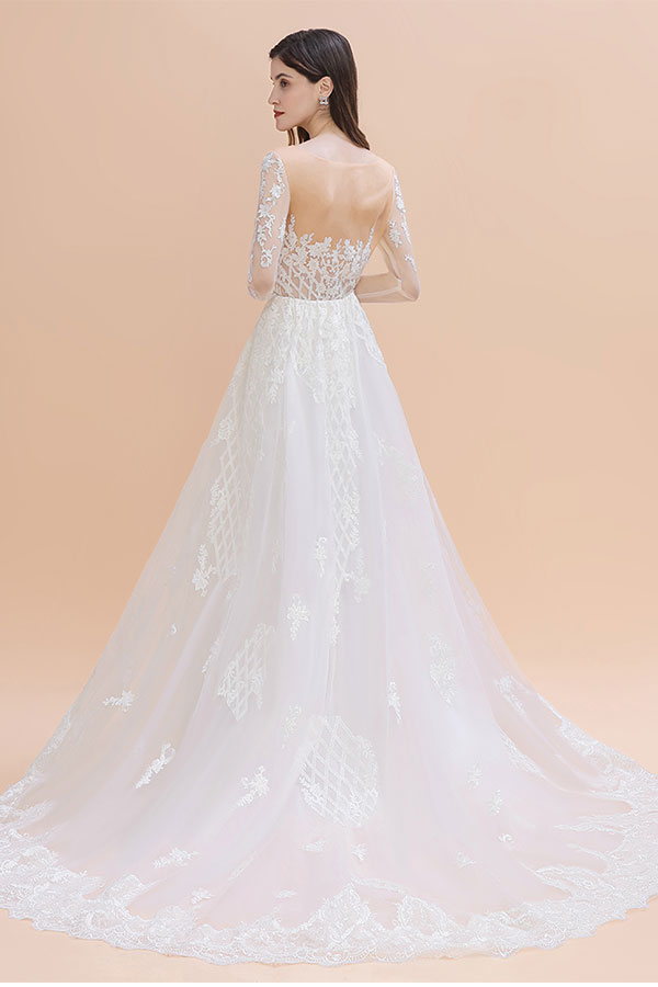 Mermaid Jewel Neck Long Sleeves Chapel Train Tulle Wedding Gown With Lace 2