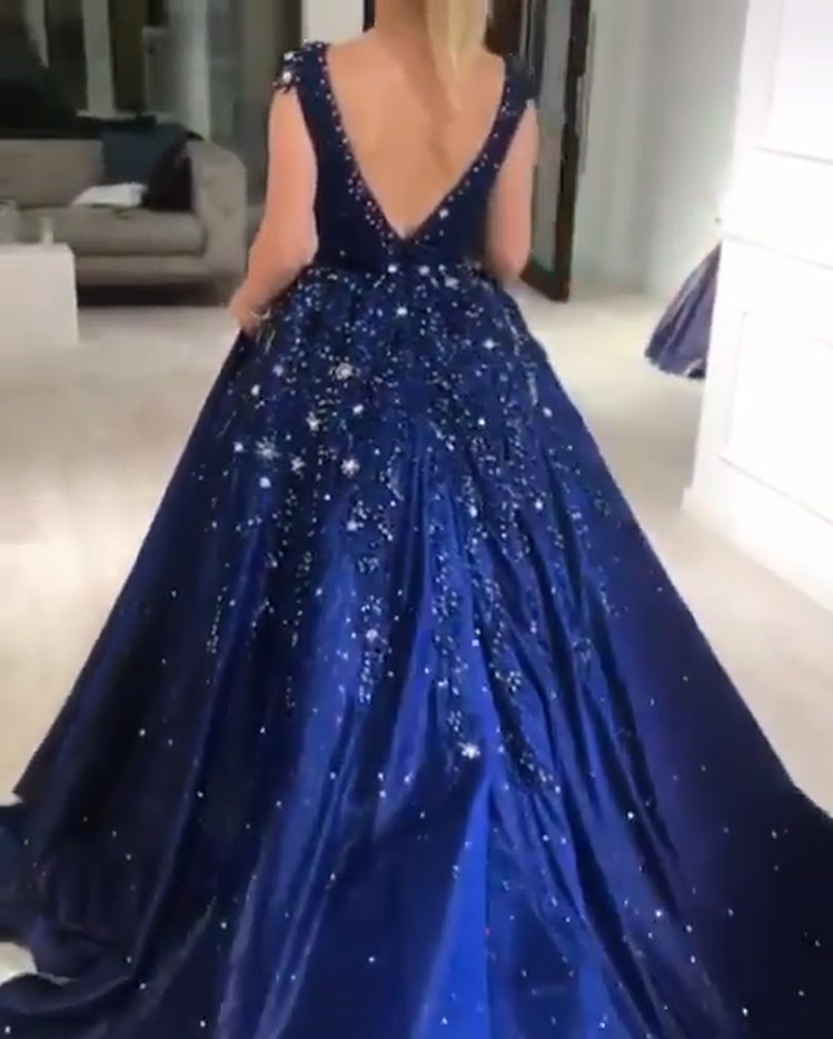 Ball Gown Plunging Neckline Cap Sleeves Court Train Satin Formal Dress With Sequins 4