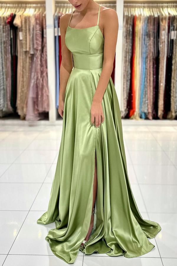 Column Spaghetti Straps Sleeveless Floor-length Stretch Satin Evening Dress With Ruffles 2
