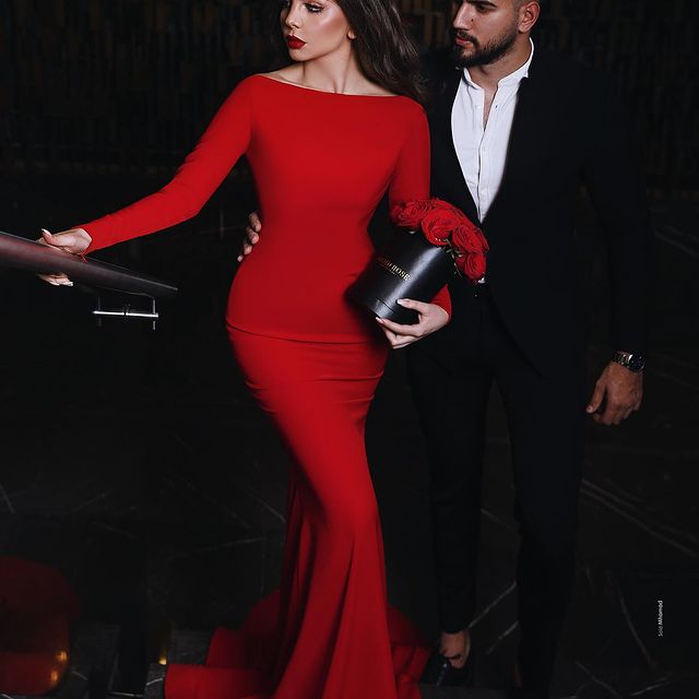 Mermaid Bateau Neck Long Sleeves Floor-length Spandex Evening Dress 1