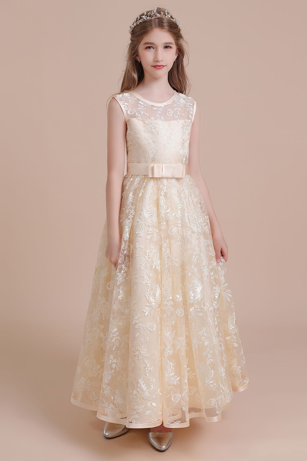 A-line Jewel Neck Sleeveless Ankle-length Tulle Flower Girl Dress With Embroidery 3