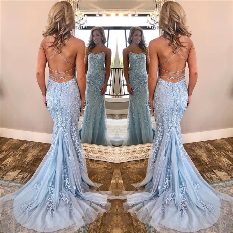 Mermaid Spaghetti Straps Sleeveless Sweep / Brush Train Tulle Formal Dress With Appliques 2