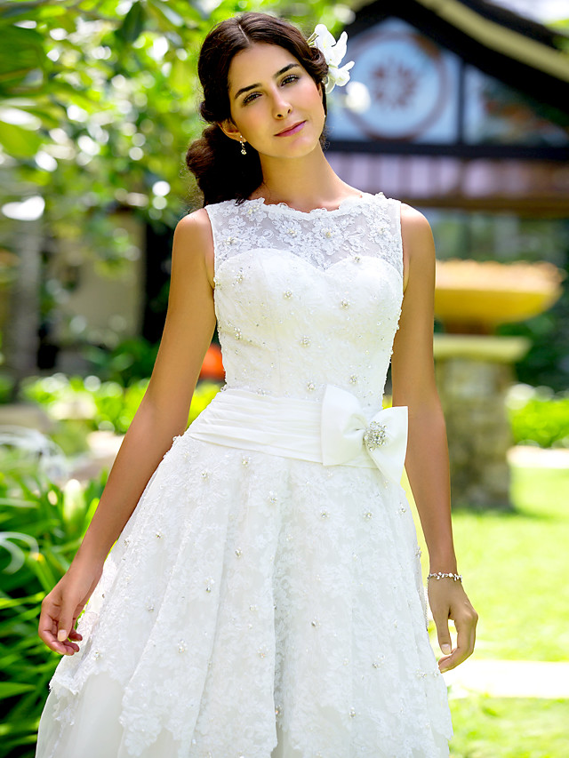 A-line Straps Bateau Neck Tea-length Tulle Wedding Dress With Lace 4