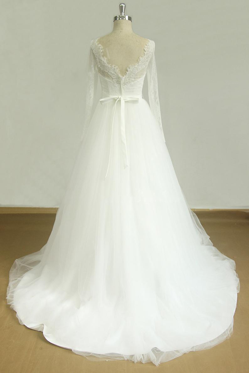 A-line V-neck Long Sleeves Court Train Tulle Wedding Gown With Ribbons 2