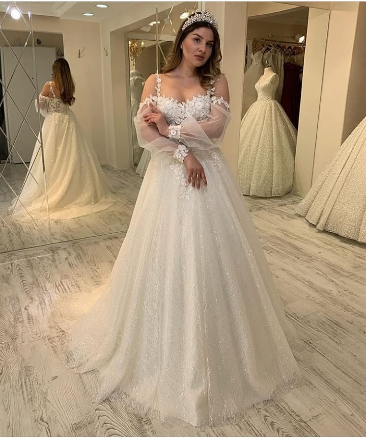 A-line Spaghetti Straps Long Sleeves Sweep / Brush Train Bridal Gown With Ruffles 3
