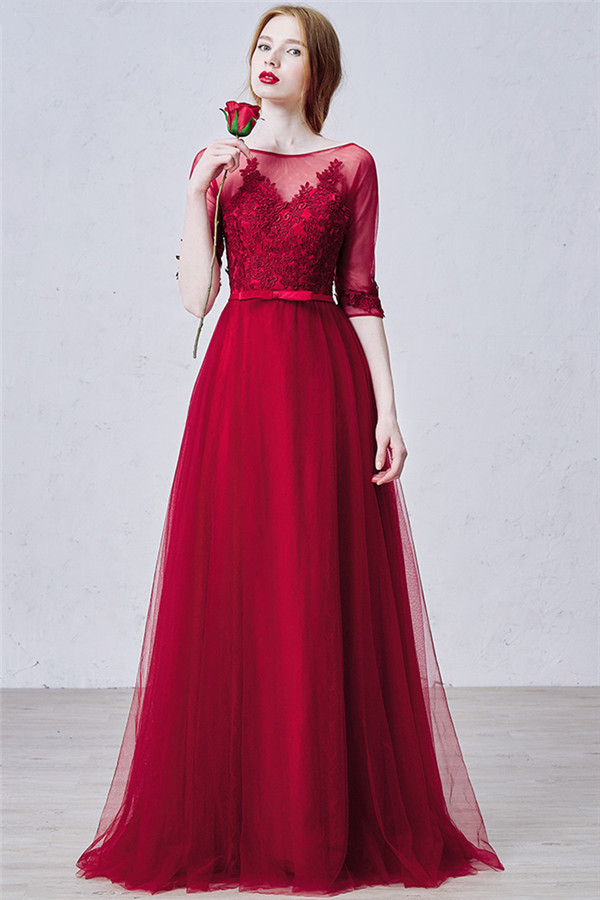 A-line Jewel Neck Half-Sleeves Floor-length Tulle Bridesmaid Gown With Lace 2