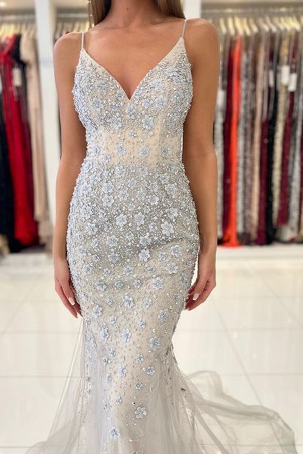 Mermaid Spaghetti Straps Sleeveless Floor-length Lace Evening Dress With Appliques 4